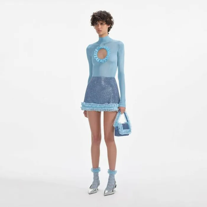 Self Portrait Tops Blue Knit Cut Out Bodysuit 8211 Women
