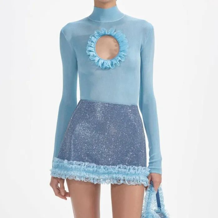 Self Portrait Tops Blue Knit Cut Out Bodysuit 8211 Women