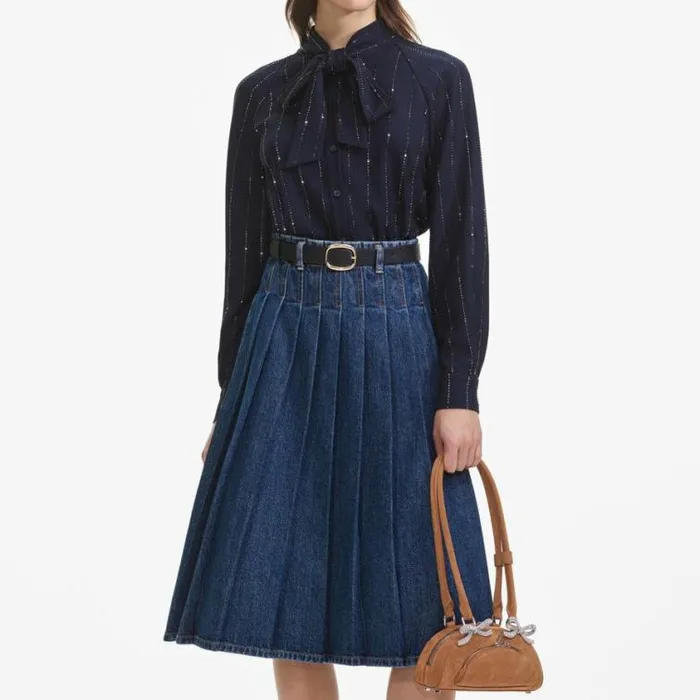 Self Portrait Tops Navy Rhinestone Pinstripe Blouse 8211 Women