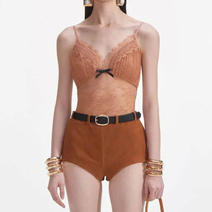 Self Portrait Tops Tan Dot Mesh Bodysuit 8211 Women