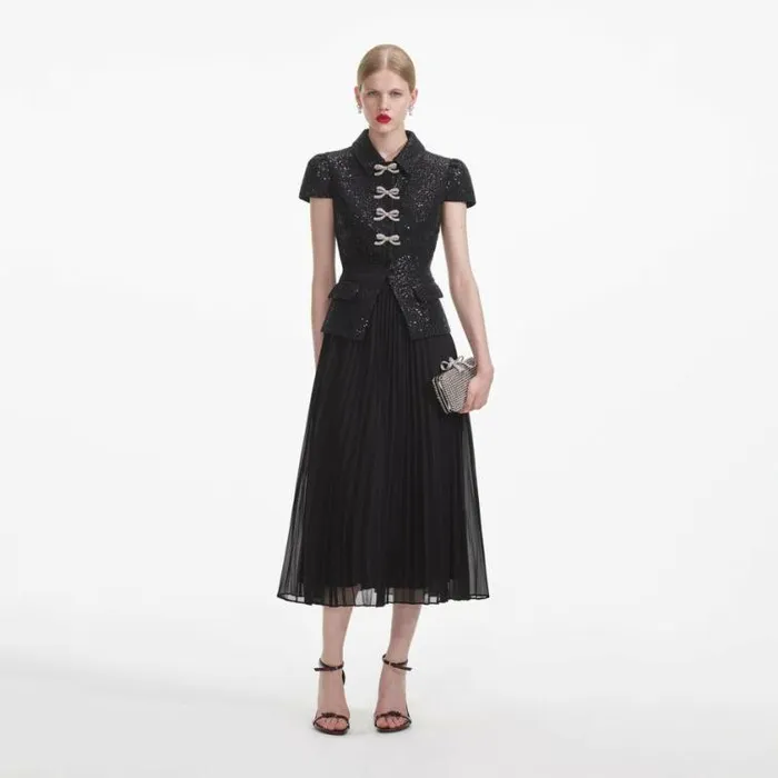 Self Portrait Wedding Guest Black Boucle Bow Midi Dress 8211 Women