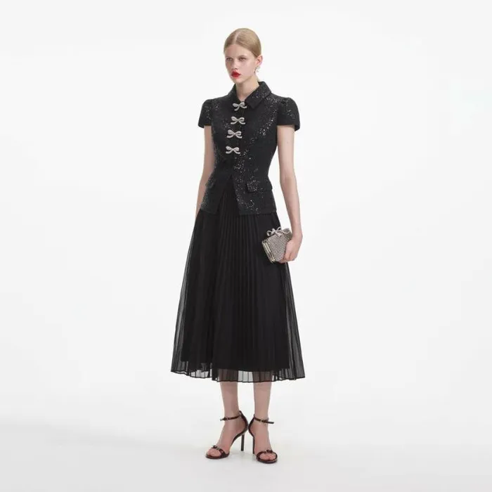 Self Portrait Wedding Guest Black Boucle Bow Midi Dress 8211 Women