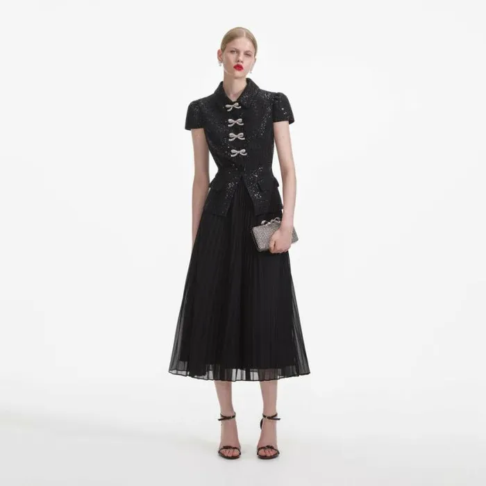 Self Portrait Wedding Guest Black Boucle Bow Midi Dress 8211 Women