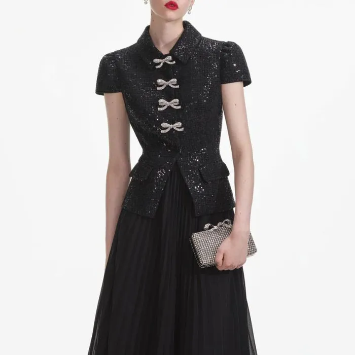 Self Portrait Wedding Guest Black Boucle Bow Midi Dress 8211 Women