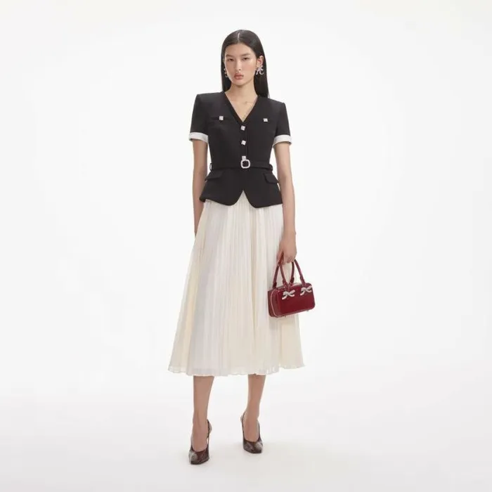 Self Portrait Wedding Guest Black Crepe Contrast Chiffon Midi Dress 8211 Women