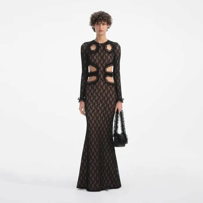 Self Portrait Wedding Guest Black Lace Cut Out Maxi Dress 8211 Women