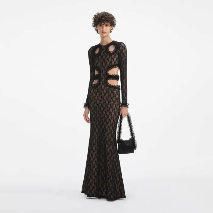 Self Portrait Wedding Guest Black Lace Cut Out Maxi Dress 8211 Women