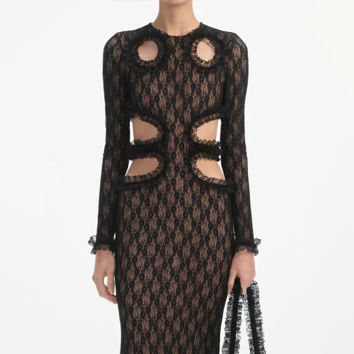 Self Portrait Wedding Guest Black Lace Cut Out Maxi Dress 8211 Women
