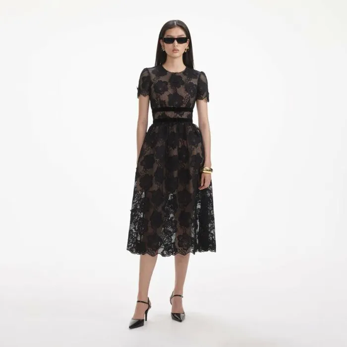 Self Portrait Wedding Guest Black Lace Velvet Bow Midi Dress 8211 Women