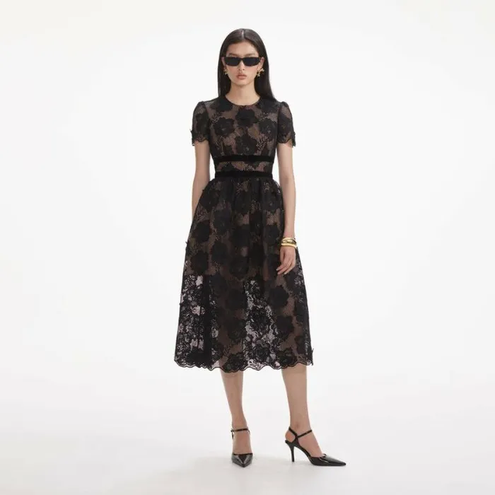 Self Portrait Wedding Guest Black Lace Velvet Bow Midi Dress 8211 Women