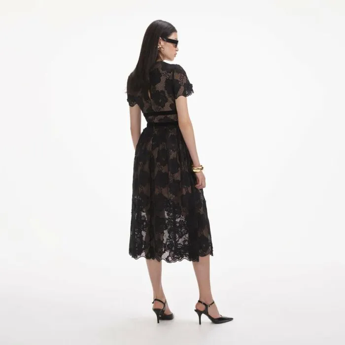 Self Portrait Wedding Guest Black Lace Velvet Bow Midi Dress 8211 Women