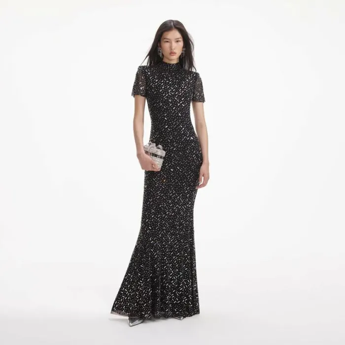 Self Portrait Wedding Guest Black Square Rhinestone Mesh Maxi Dress 8211 Women