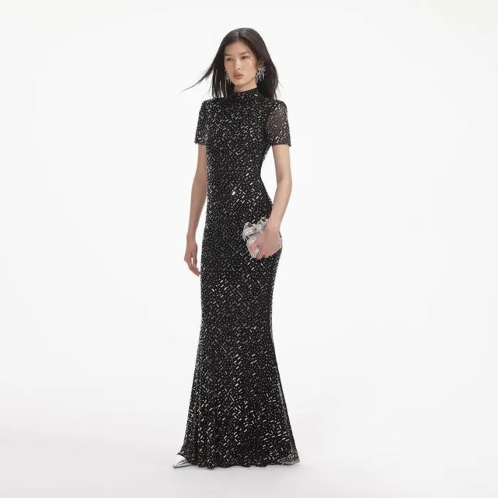Self Portrait Wedding Guest Black Square Rhinestone Mesh Maxi Dress 8211 Women