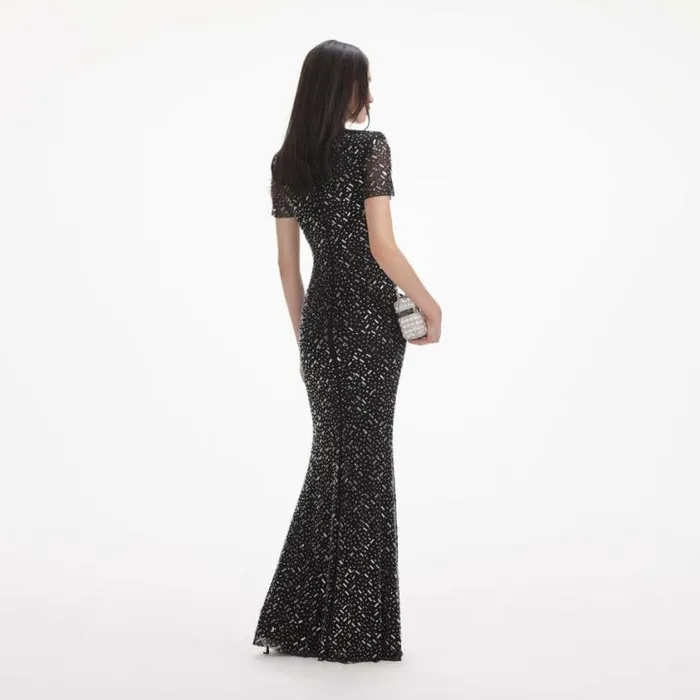 Self Portrait Wedding Guest Black Square Rhinestone Mesh Maxi Dress 8211 Women