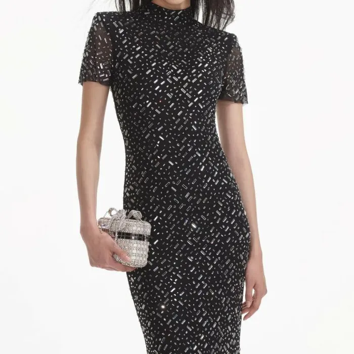 Self Portrait Wedding Guest Black Square Rhinestone Mesh Maxi Dress 8211 Women