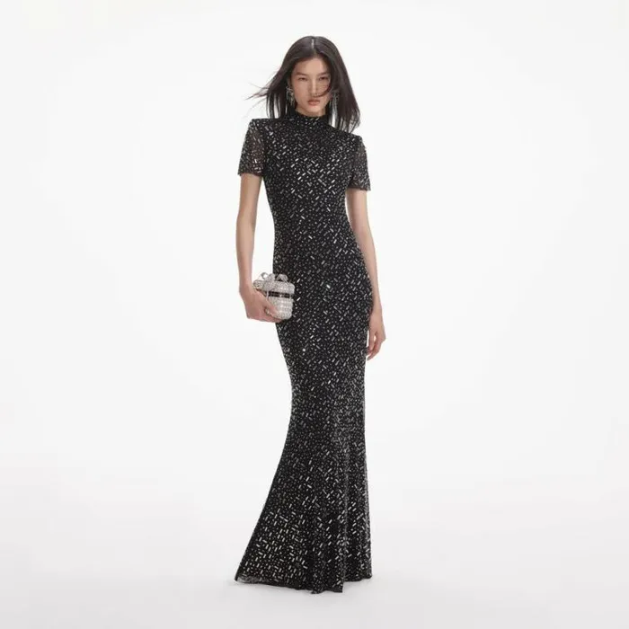 Self Portrait Wedding Guest Black Square Rhinestone Mesh Maxi Dress 8211 Women