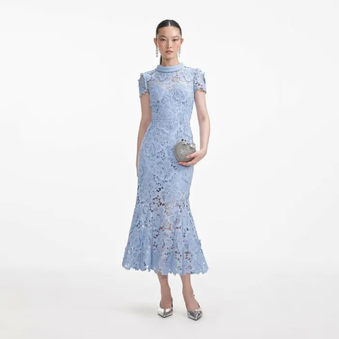 Self Portrait Wedding Guest Blue Flower Lace Contrast Collar Midi Dress 8211 Women