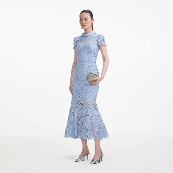 Self Portrait Wedding Guest Blue Flower Lace Contrast Collar Midi Dress 8211 Women