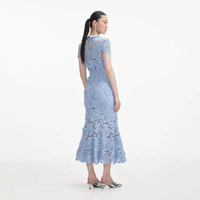 Self Portrait Wedding Guest Blue Flower Lace Contrast Collar Midi Dress 8211 Women
