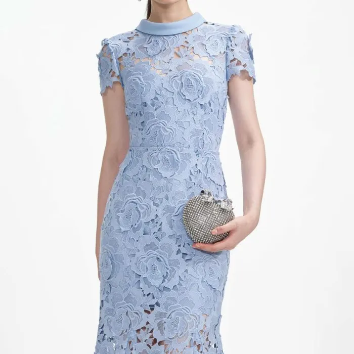 Self Portrait Wedding Guest Blue Flower Lace Contrast Collar Midi Dress 8211 Women