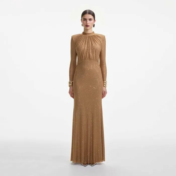 Self Portrait Wedding Guest Brown Rhinestone Gathered Maxi Dress 8211 Women