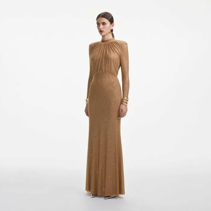 Self Portrait Wedding Guest Brown Rhinestone Gathered Maxi Dress 8211 Women