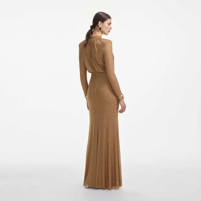 Self Portrait Wedding Guest Brown Rhinestone Gathered Maxi Dress 8211 Women