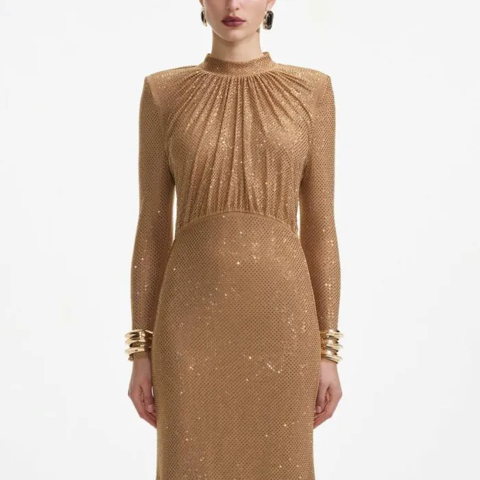 Self Portrait Wedding Guest Brown Rhinestone Gathered Maxi Dress 8211 Women