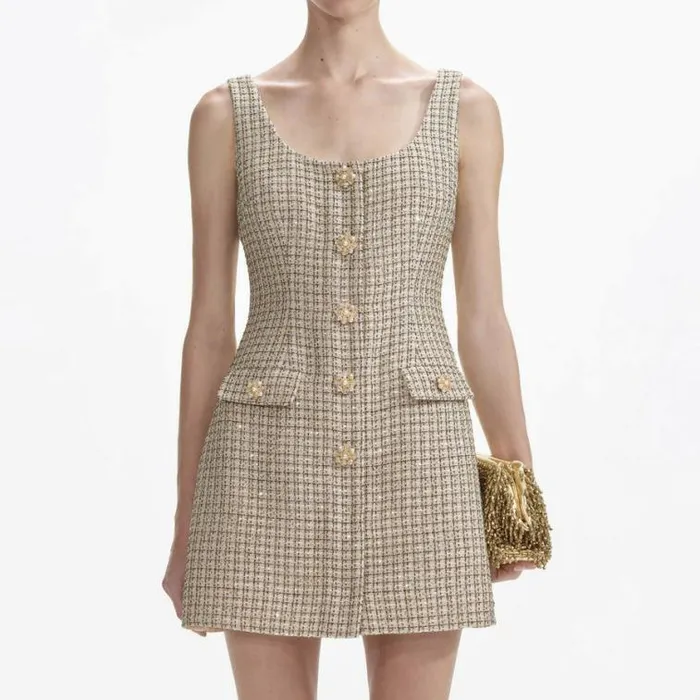 Self Portrait Wedding Guest Gold Boucle Mini Dress 8211 Women