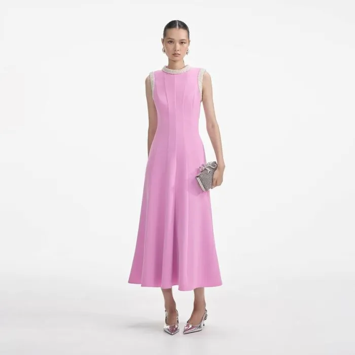 Self Portrait Wedding Guest Pink Crepe Pearl Trim Midi Dress 8211 Women