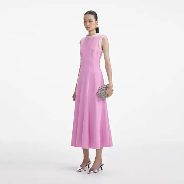 Self Portrait Wedding Guest Pink Crepe Pearl Trim Midi Dress 8211 Women