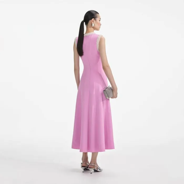 Self Portrait Wedding Guest Pink Crepe Pearl Trim Midi Dress 8211 Women