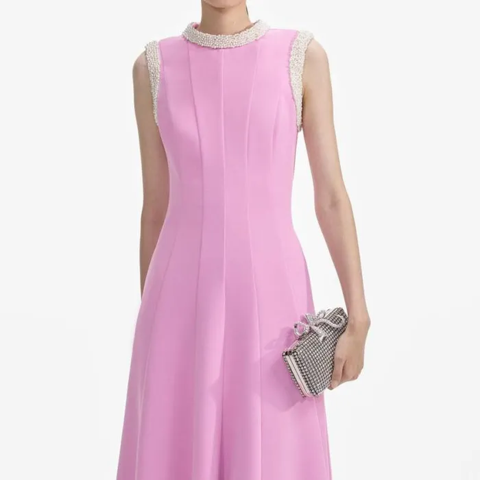 Self Portrait Wedding Guest Pink Crepe Pearl Trim Midi Dress 8211 Women