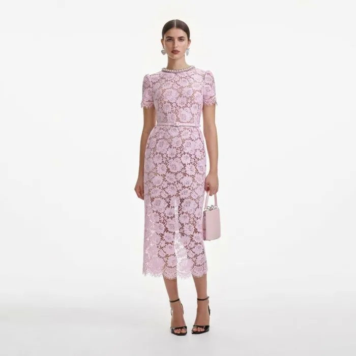 Self Portrait Wedding Guest Pink Fine Lace Pearl Midi Dress 8211 Women