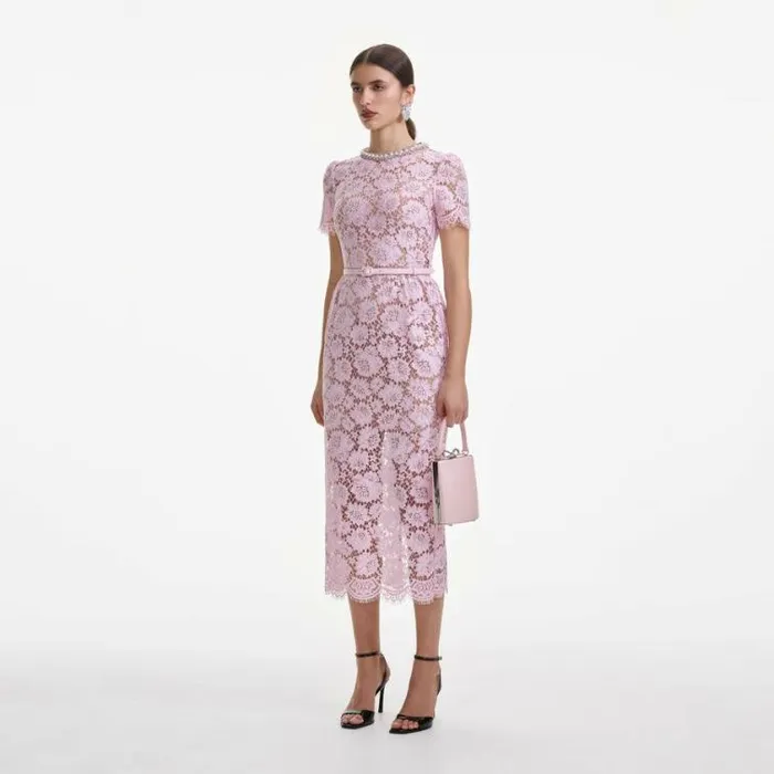 Self Portrait Wedding Guest Pink Fine Lace Pearl Midi Dress 8211 Women