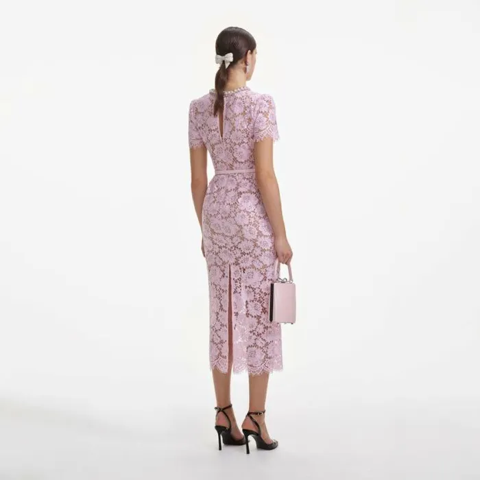Self Portrait Wedding Guest Pink Fine Lace Pearl Midi Dress 8211 Women