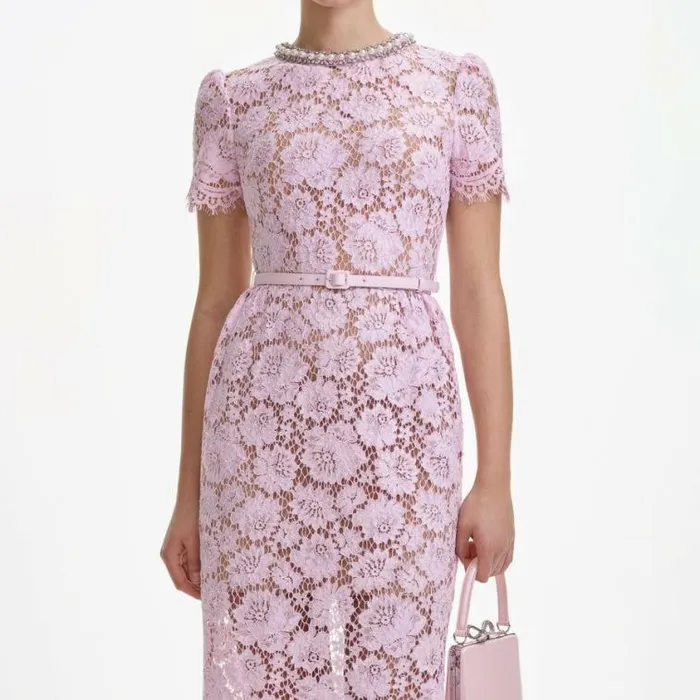 Self Portrait Wedding Guest Pink Fine Lace Pearl Midi Dress 8211 Women