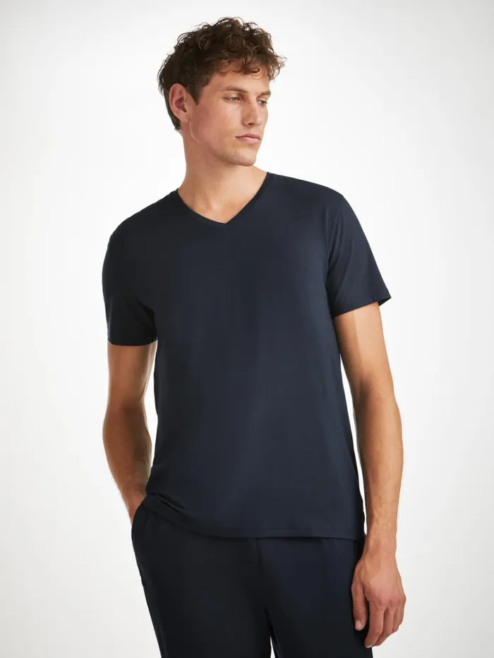 Short Sleeve TShirts Men Derek Rose VNeck TShirt Basel Micro Modal Stretch Navy
