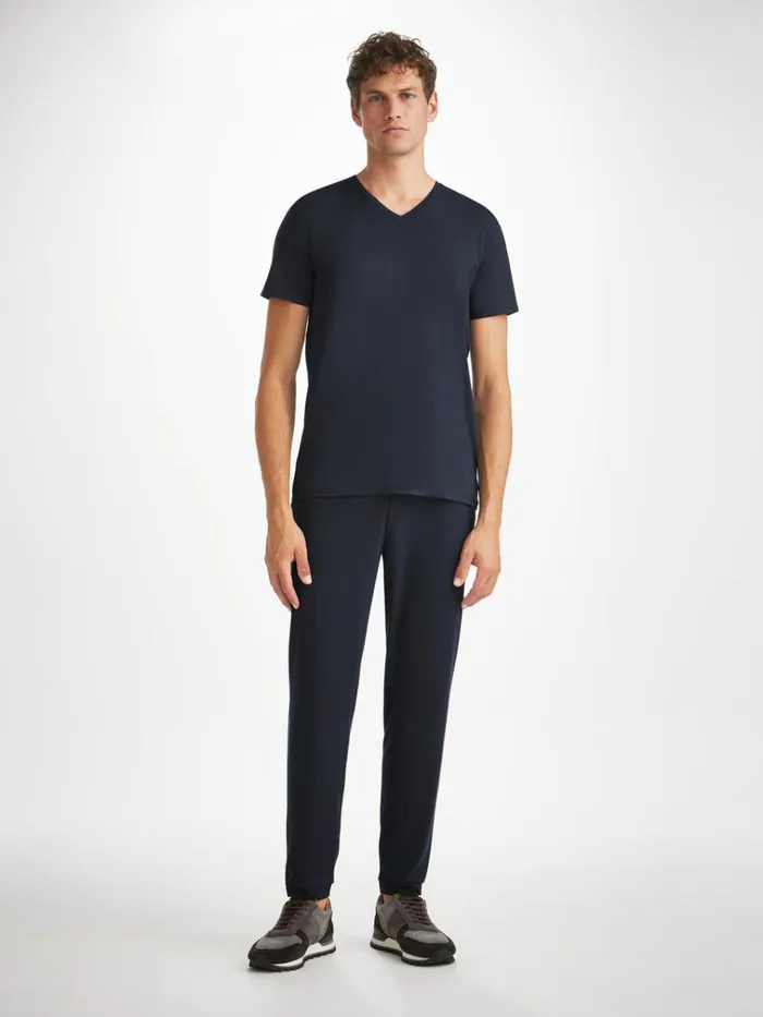 Short Sleeve TShirts Men Derek Rose VNeck TShirt Basel Micro Modal Stretch Navy