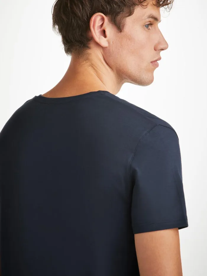 Short Sleeve TShirts Men Derek Rose VNeck TShirt Basel Micro Modal Stretch Navy