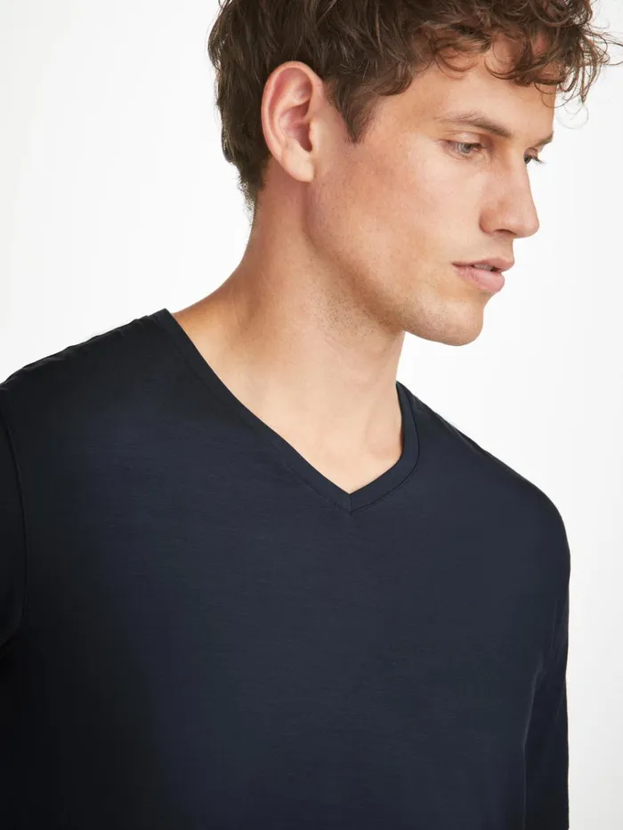 Short Sleeve TShirts Men Derek Rose VNeck TShirt Basel Micro Modal Stretch Navy