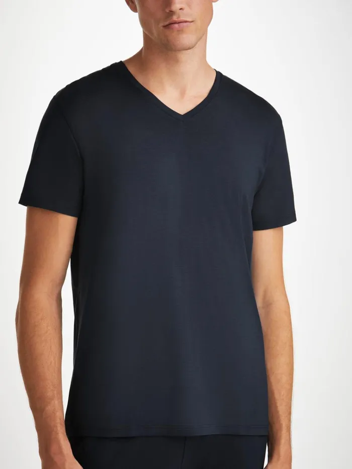 Short Sleeve TShirts Men Derek Rose VNeck TShirt Basel Micro Modal Stretch Navy