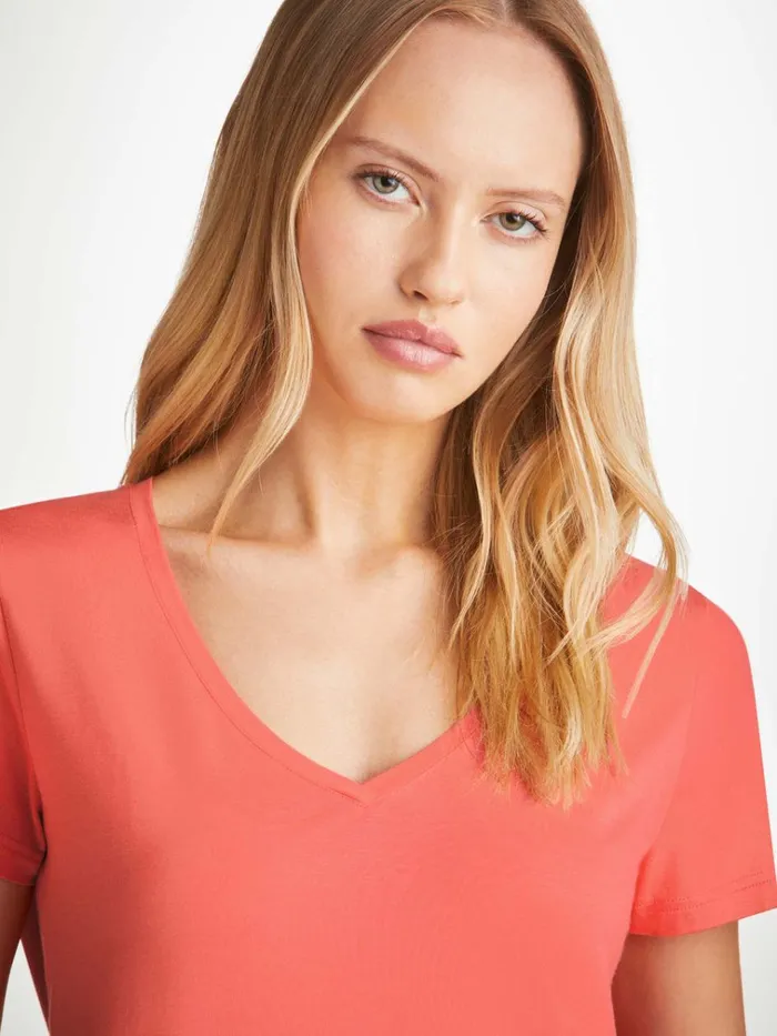 Short Sleeve TShirts Women Derek Rose VNeck TShirt Lara Micro Modal Stretch Coral Short Sleeve TShirts Women Derek Rose VNeck TShirt Lara Micro Modal Stretch Coral