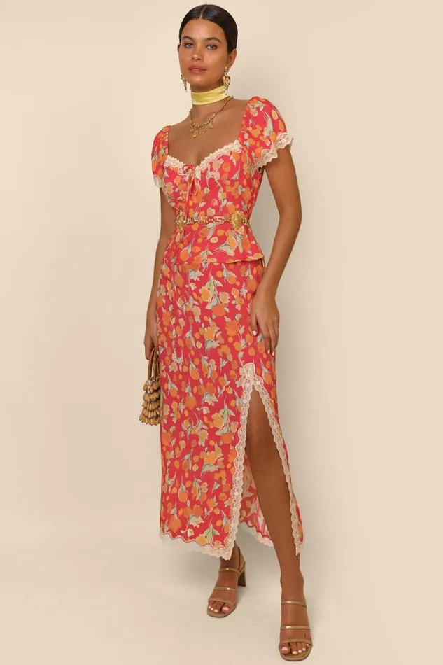 Sibilla Fontainhas Floral Coral Women RIXO Skirts Sibilla Fontainhas Floral Coral Women RIXO Skirts