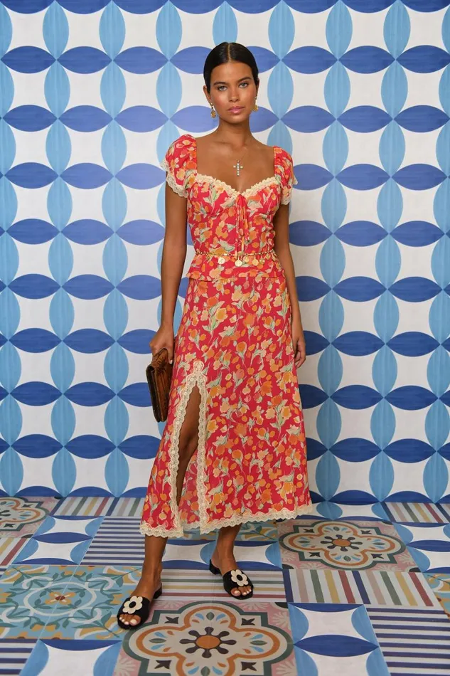 Sibilla Fontainhas Floral Coral Women RIXO Skirts Sibilla Fontainhas Floral Coral Women RIXO Skirts