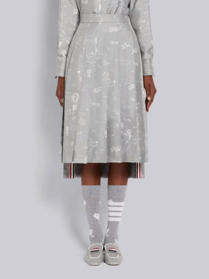 Sky Toile Printed Silk Twill Dropped Back Pleated Below The Knee Skirt Medium Grey Women Thom Browne Skirts Sky Toile Printed Silk Twill Dropped Back Pleated Below The Knee Skirt Medium Grey Women Thom Browne Skirts