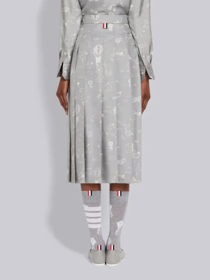 Sky Toile Printed Silk Twill Dropped Back Pleated Below The Knee Skirt Medium Grey Women Thom Browne Skirts