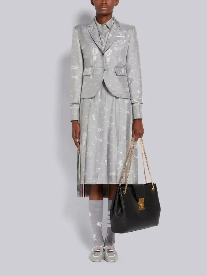 Sky Toile Printed Silk Twill Dropped Back Pleated Below The Knee Skirt Medium Grey Women Thom Browne Skirts