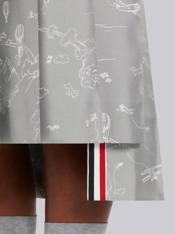 Sky Toile Printed Silk Twill Dropped Back Pleated Below The Knee Skirt Medium Grey Women Thom Browne Skirts