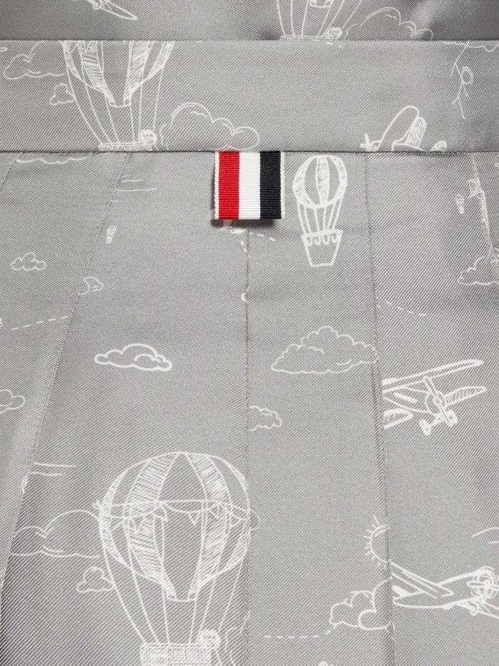 Sky Toile Printed Silk Twill Dropped Back Pleated Below The Knee Skirt Medium Grey Women Thom Browne Skirts